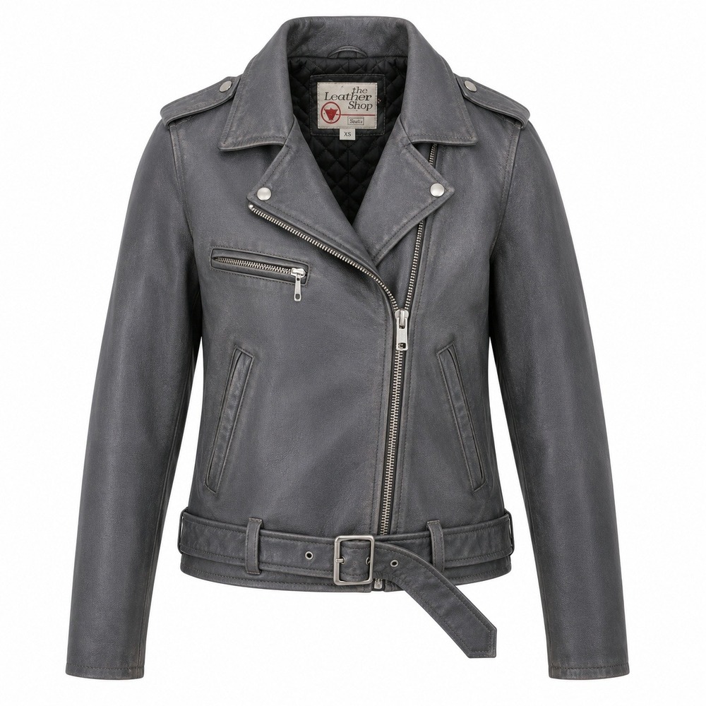 Vintage 80s Sears The Leather Shop Gray Moto Biker Jacket Womens 12 Belted Slate